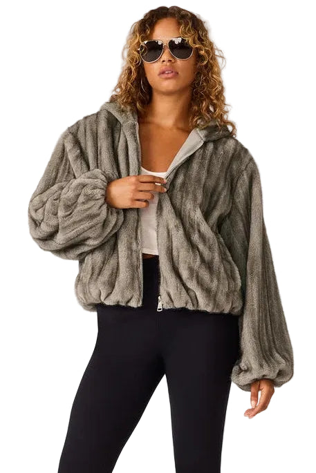 steve madden mavis faux fur grey jacket with black leggings and black boots