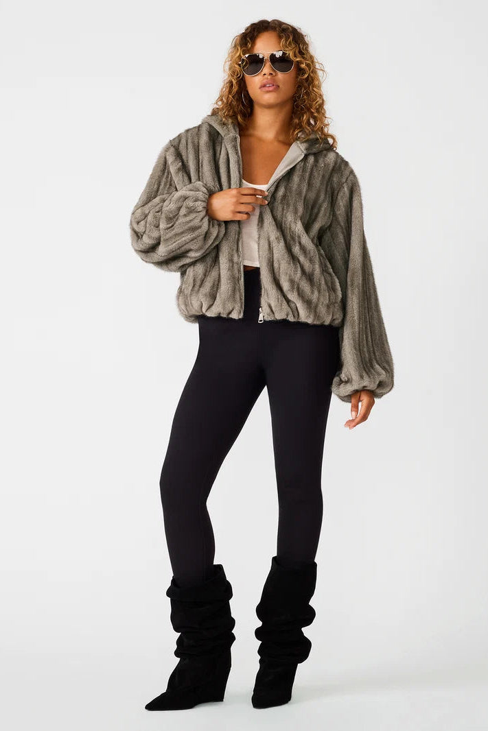 steve madden mavis faux fur grey jacket with black leggings and black boots
