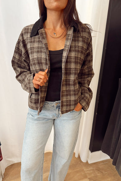 maxwell james plaid jacket faux suede collar contrasting fall