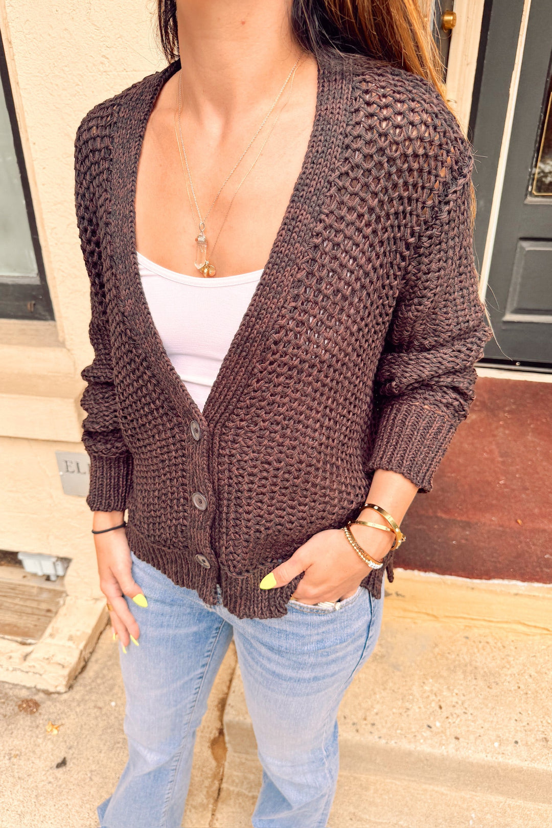 wooden ships aliana marled cardi with jeans and white undershirt