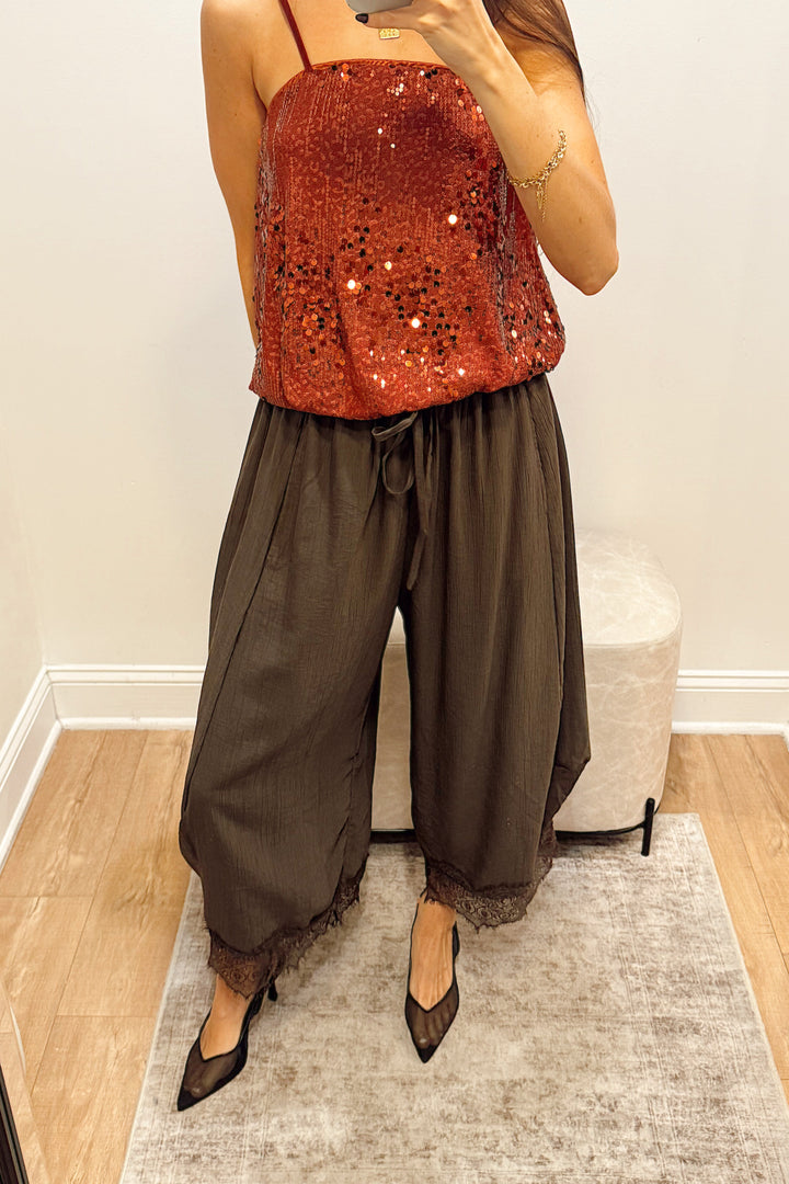stanton brown lace bottoms flowy pants tie waist