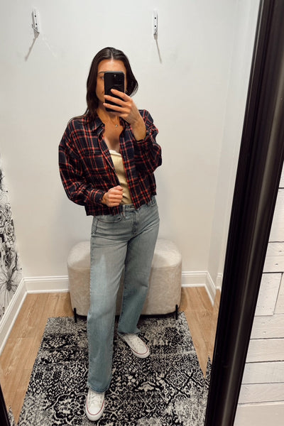 maxwell james plaid crop cropped button down top long sleeve fall stanton