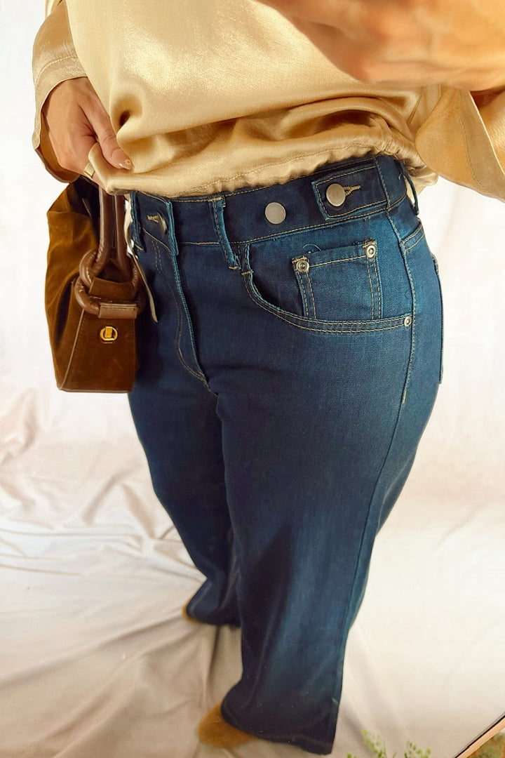 bevy flog Jodi wide leg dark denim jeans with velvet heart sadona blouse top gold shimmer and a faux suede brown mini bag
