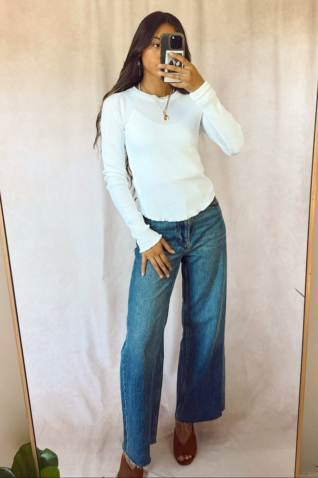free people we the free easy does it long sleeve waffle knit tee white with pistola denim jeans 