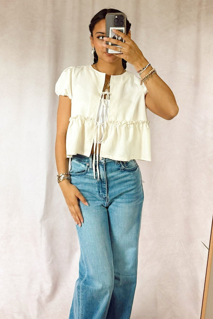 Stanton violet short puff sleeve tie front top subtle peplum ruffle details with jeans