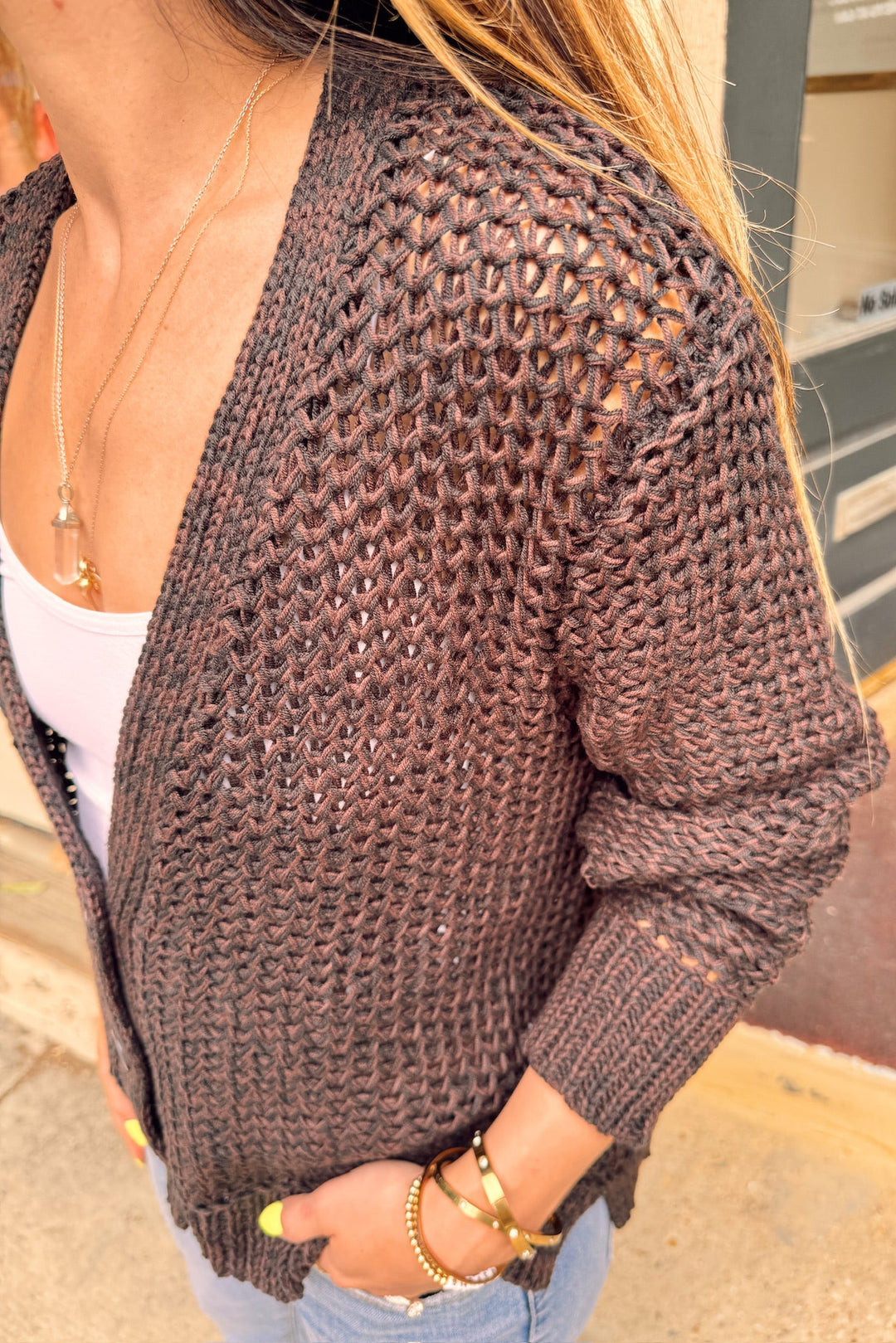 wooden ships aliana marled cardi with jeans and white undershirt