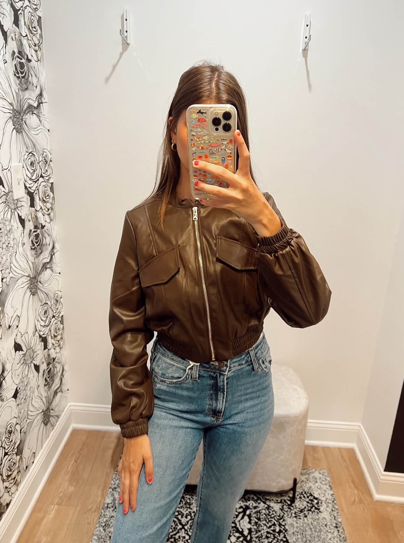 Brown Vegan Leather Bomber Jacket