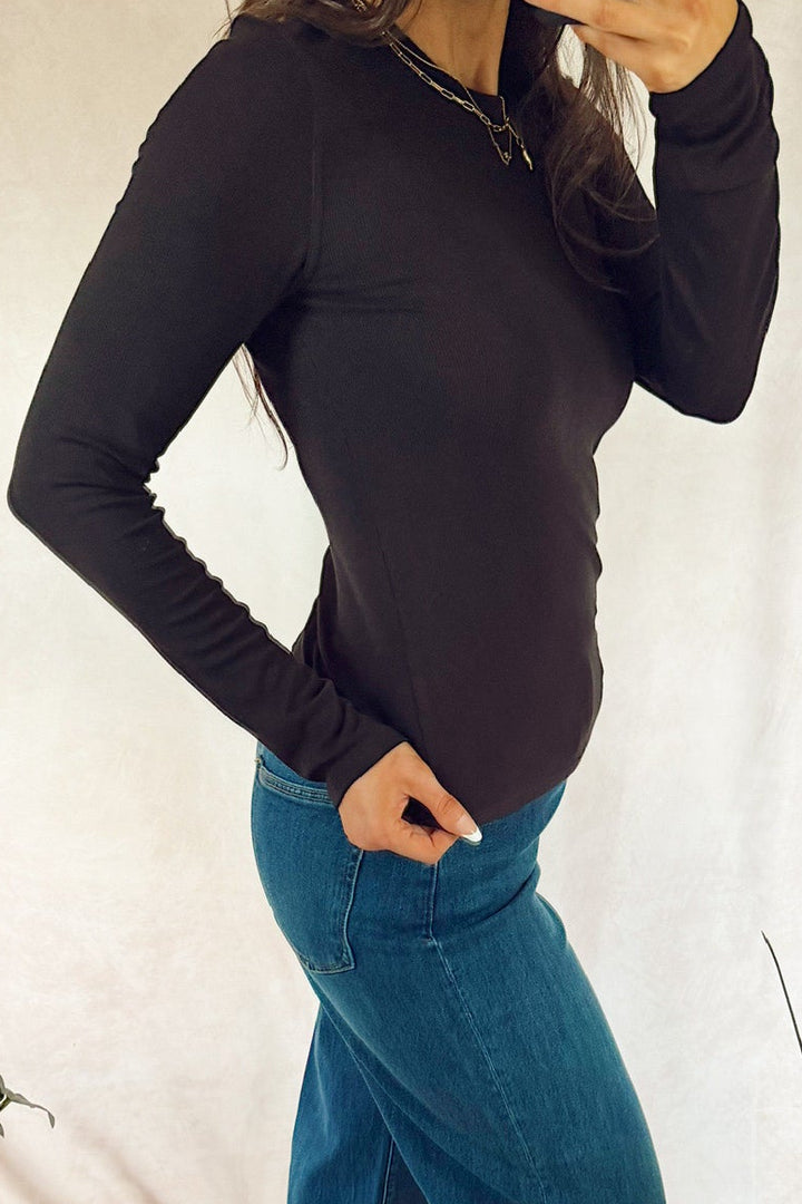Stanton marigold ribbed long sleeve Crew neck top black