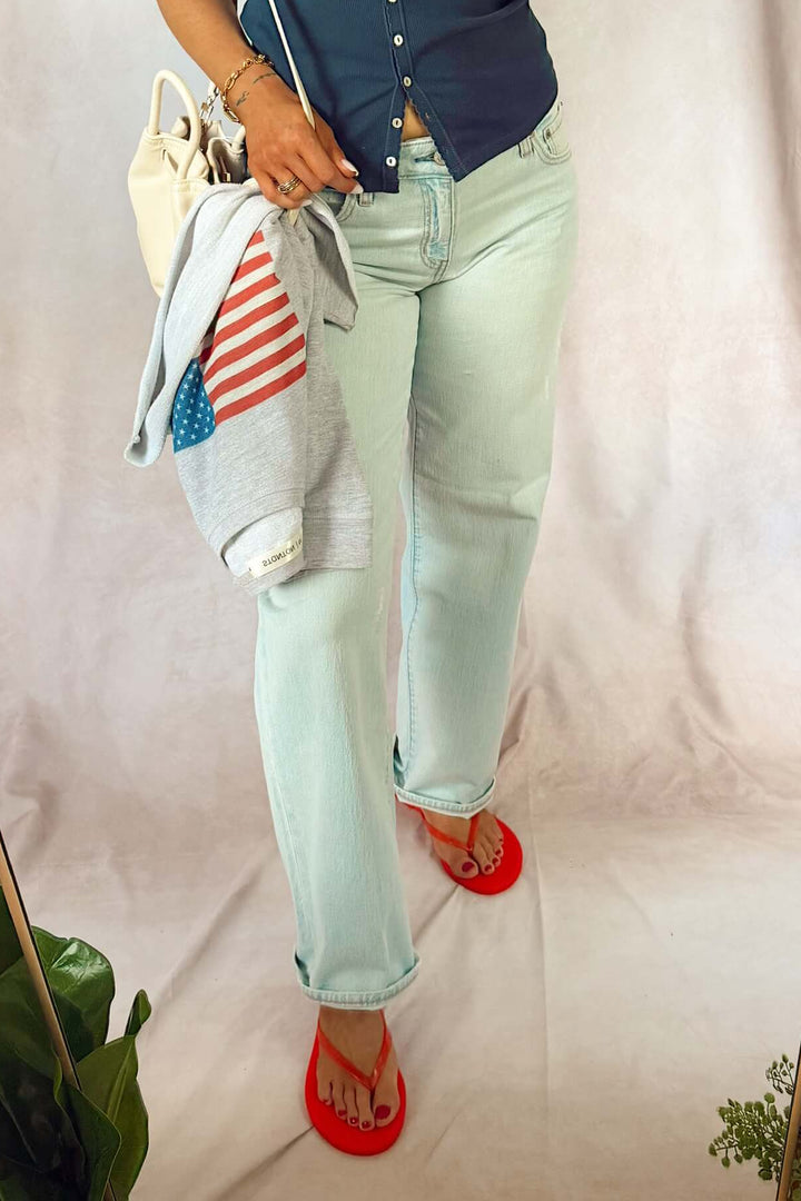 daze keeper low rise jeans with z supply navy ribbed button down tank top with red tkees and USA flag sweatshirt fourth of July looks outfits Americana summer