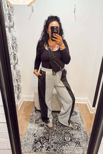 maxwell-james-faux-leather-grey-sweatpant-combo-pants-wide-leg-funky-cool-edgy