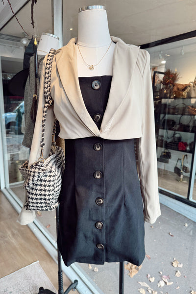 maxwell james mini button down dress with attached blazer party date night work