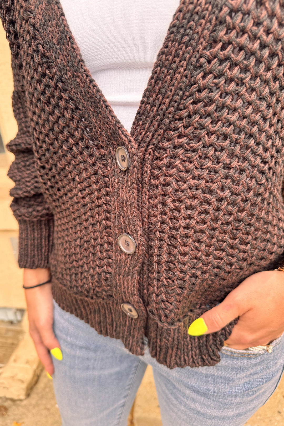 wooden ships aliana marled cardi with jeans and white undershirt