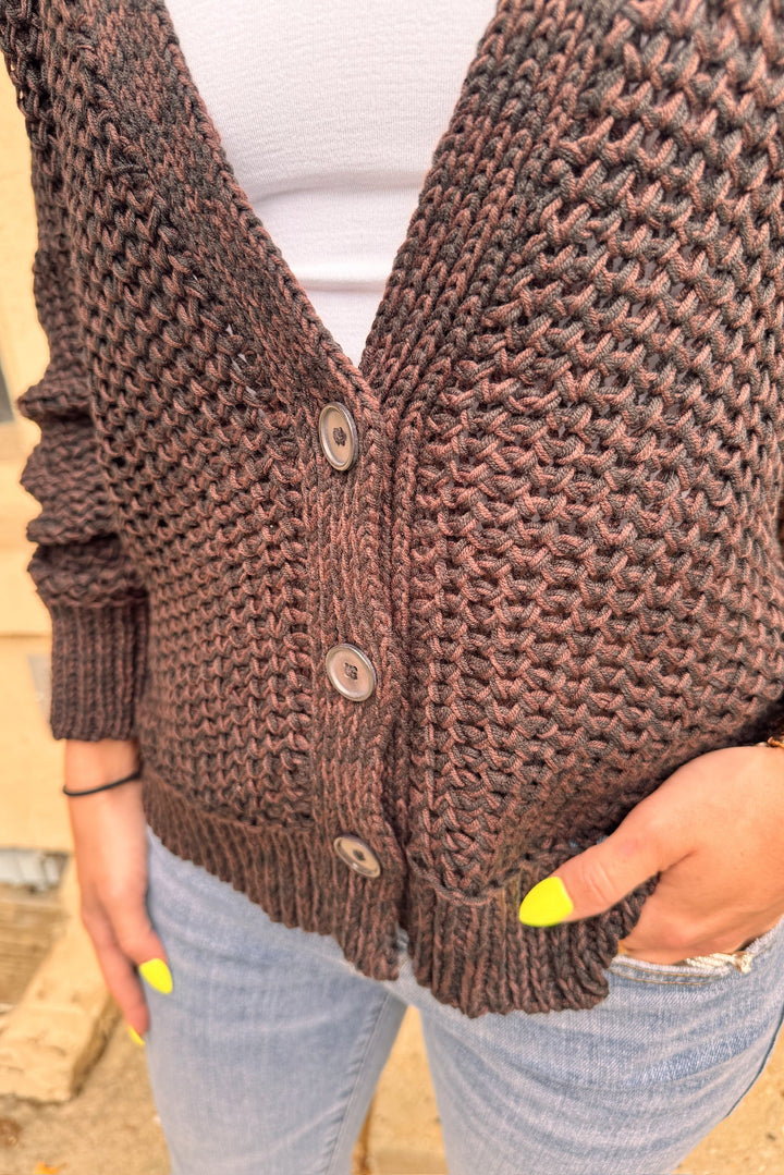 wooden ships aliana marled cardi with jeans and white undershirt