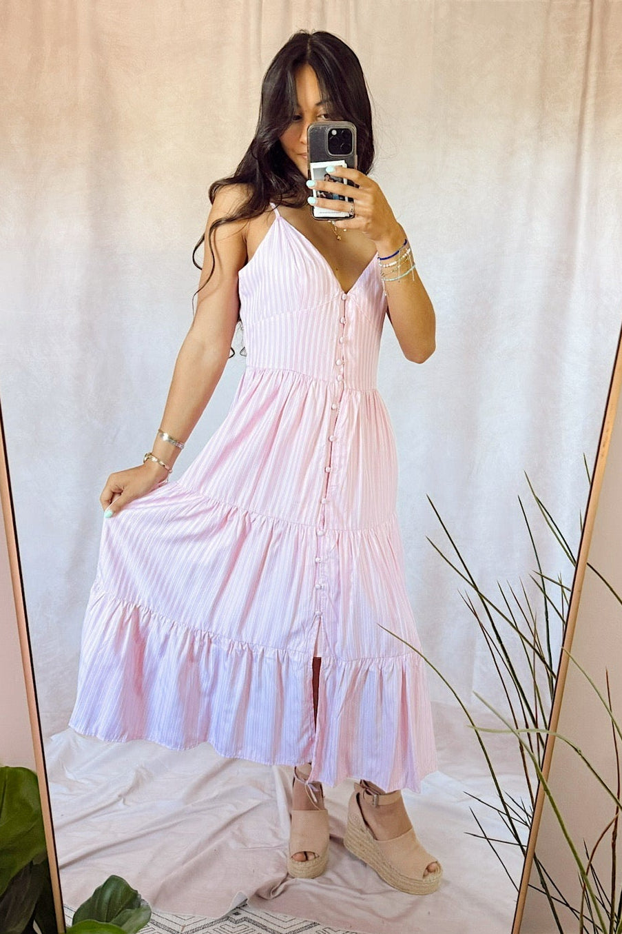 Stanton Lisette maxi midi pink and white striped button front dress with wedge heels 