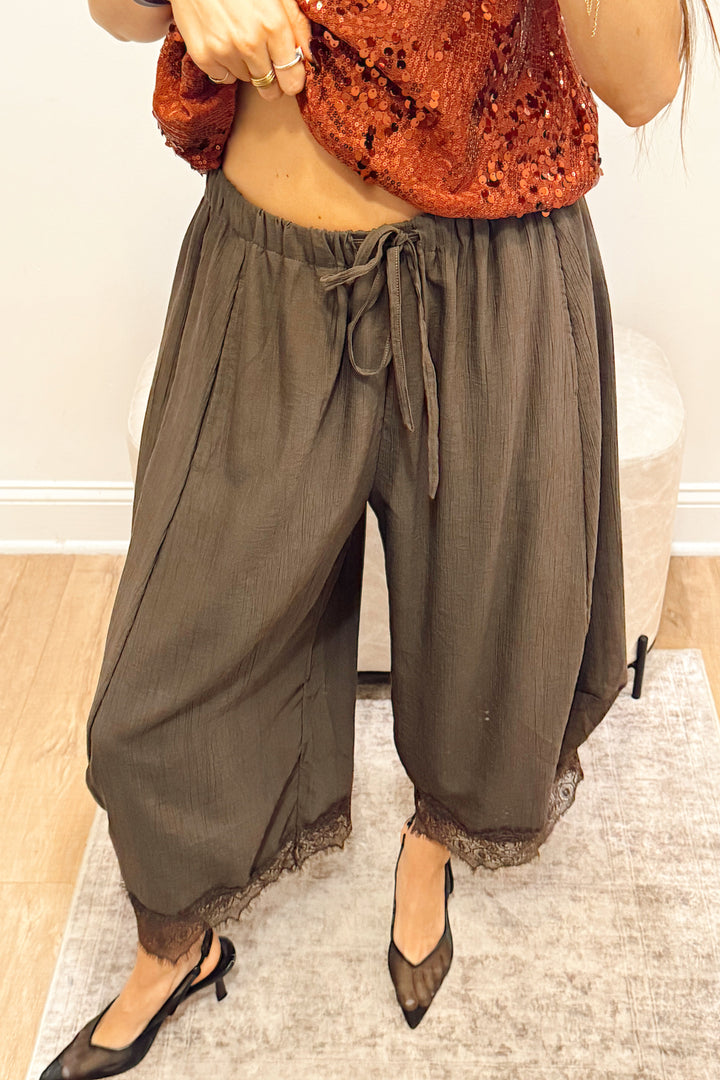 stanton brown lace bottoms flowy pants tie waist