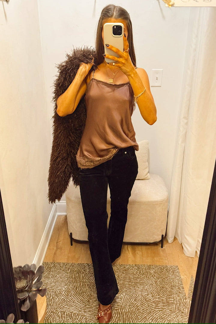 dear john Jaxtyn velvet black Bootcut with another love brown lace Cami and dear John Bardot jacket
