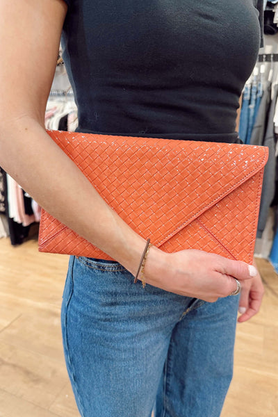 maxwell-james-patent-vegan-leather-woven-envelope-clutch-fun-party-summer-spring