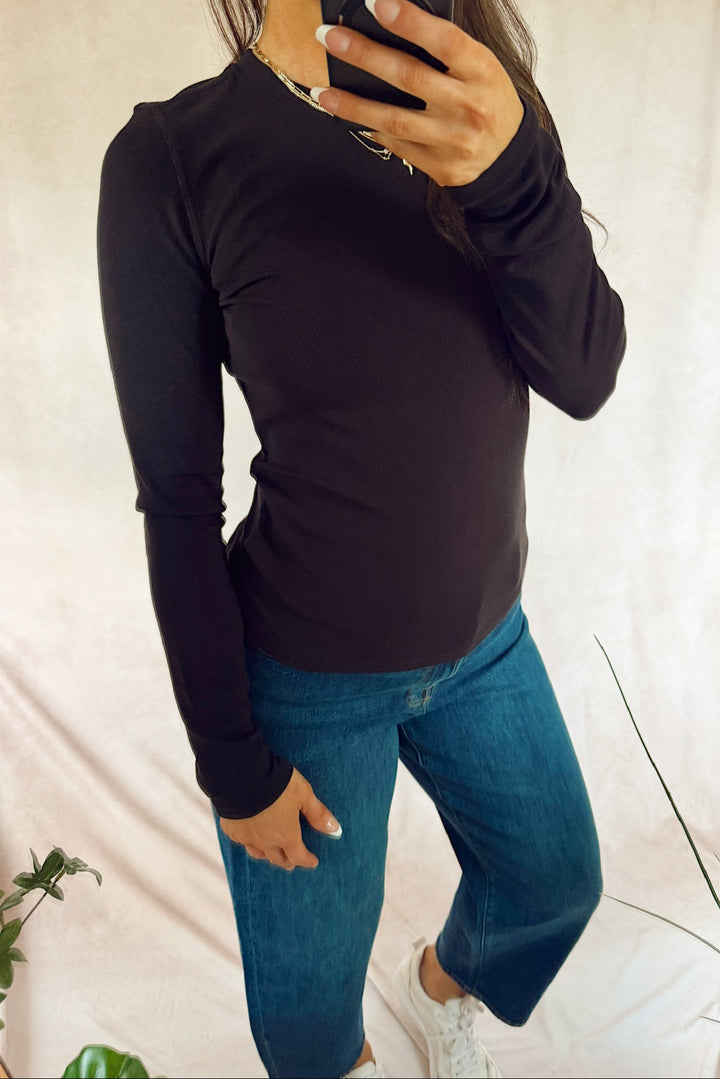 Stanton marigold ribbed long sleeve Crew neck top black