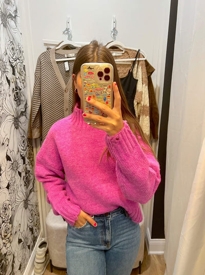 maxwell-james-stanton-mock-neck-bright-pink-distressed-sweater