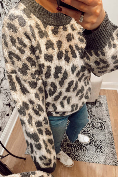 maxwell-james-stanton-grey-gray-leopard-heavy-knit-crew-neck-sweater-cozy-soft-bubble-sleeve