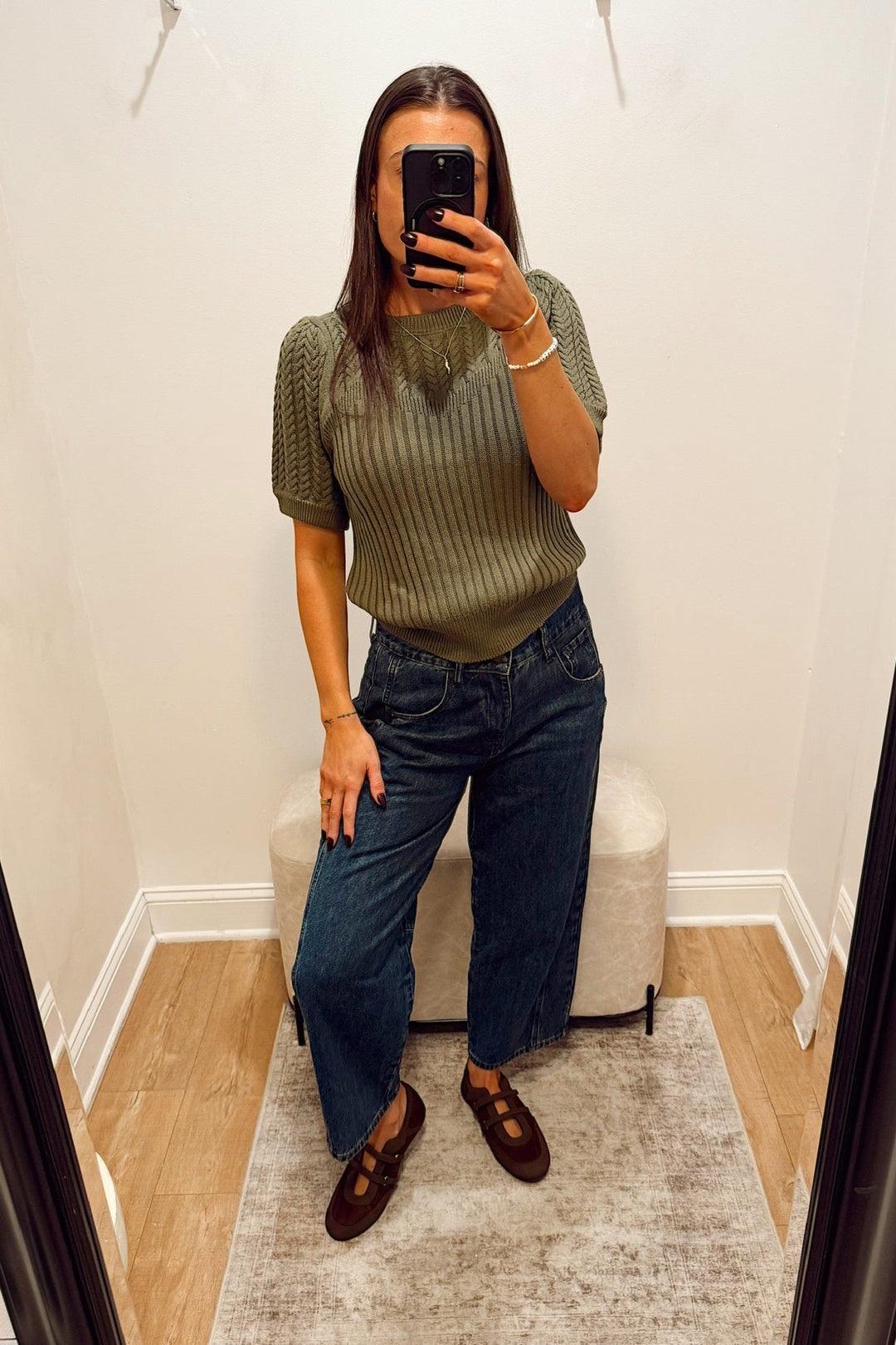 high rise dark wash wide leg barrel jeans slouchy with brown Mary Jane flats and a green ribbed short sleeve sweater