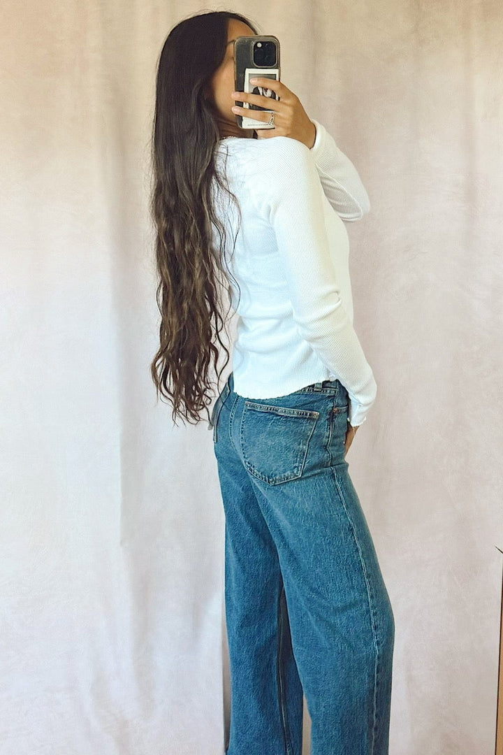 free people we the free easy does it long sleeve waffle knit tee white with pistola denim jeans 