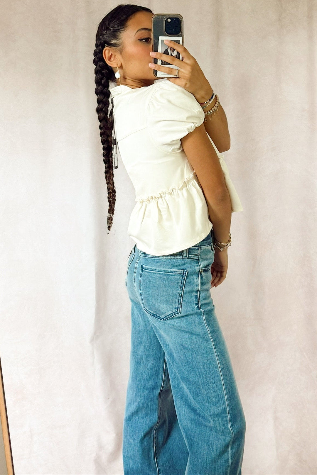 Stanton violet short puff sleeve tie front top subtle peplum ruffle details with jeans