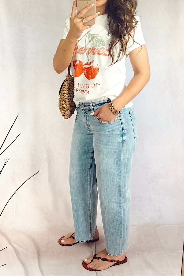 free People nova graphic tee Cherry combo daze keeper low rise straight cropped raw hem obviously vintage z supply sunglasses