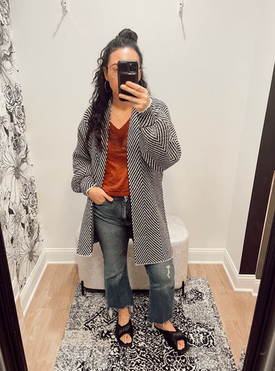 maxwell-james-stanton-black-and-white-midi-length-cardi-cardigan-balloon-sleeve