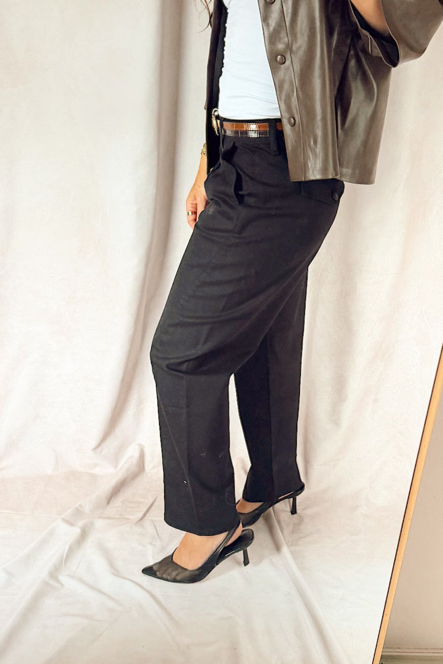 bevy Flog high rise pleated tapered trouser with a smooth white tank top and black heels and a two-tone leather croc glazed belt 
