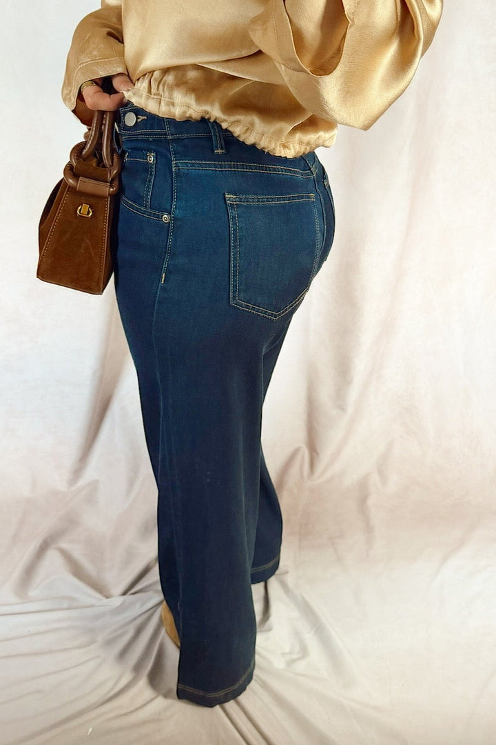 bevy flog Jodi wide leg dark denim jeans with velvet heart sadona blouse top gold shimmer and a faux suede brown mini bag