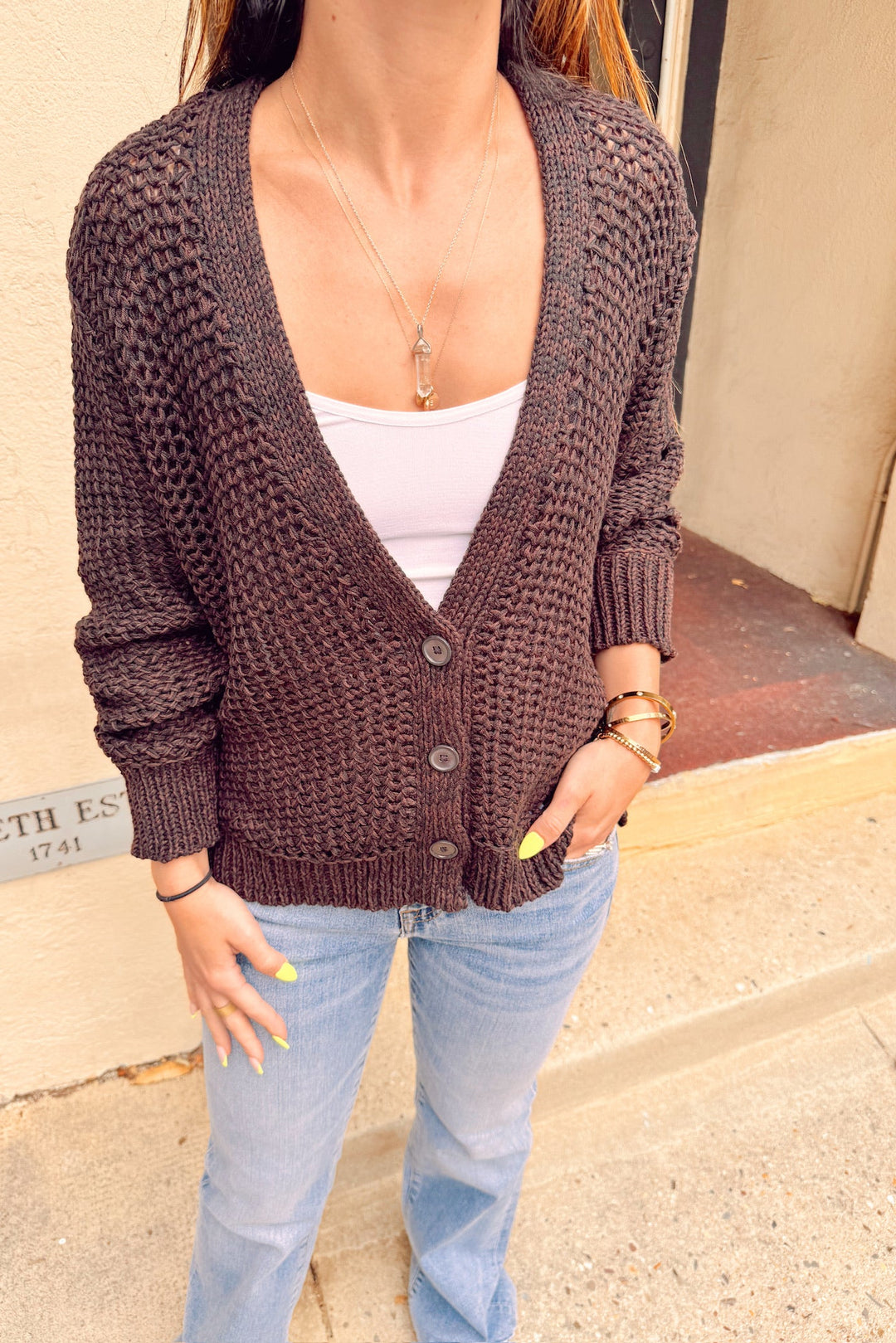 wooden ships aliana marled cardi with jeans and white undershirt