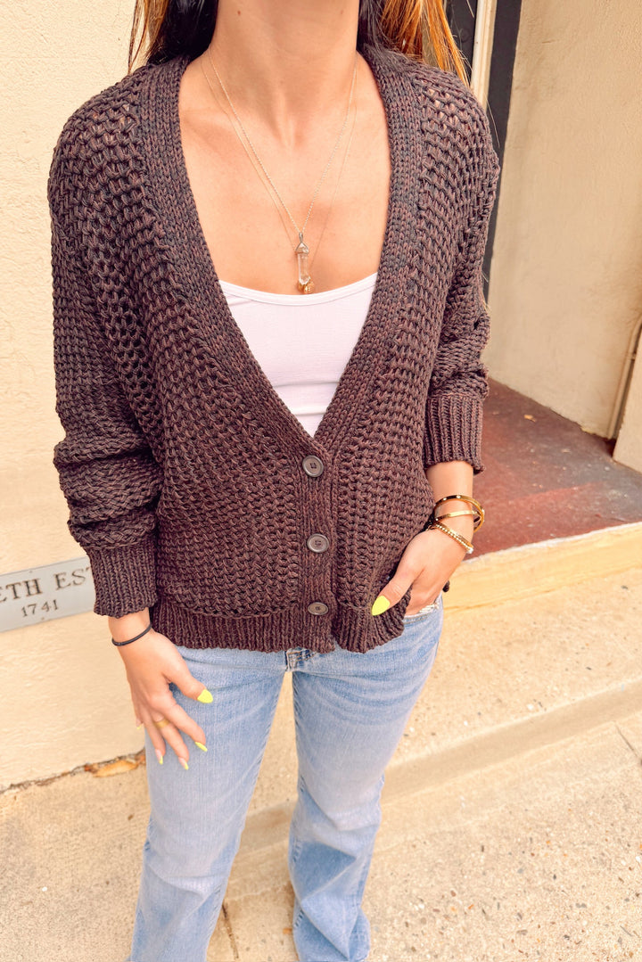 wooden ships aliana marled cardi with jeans and white undershirt