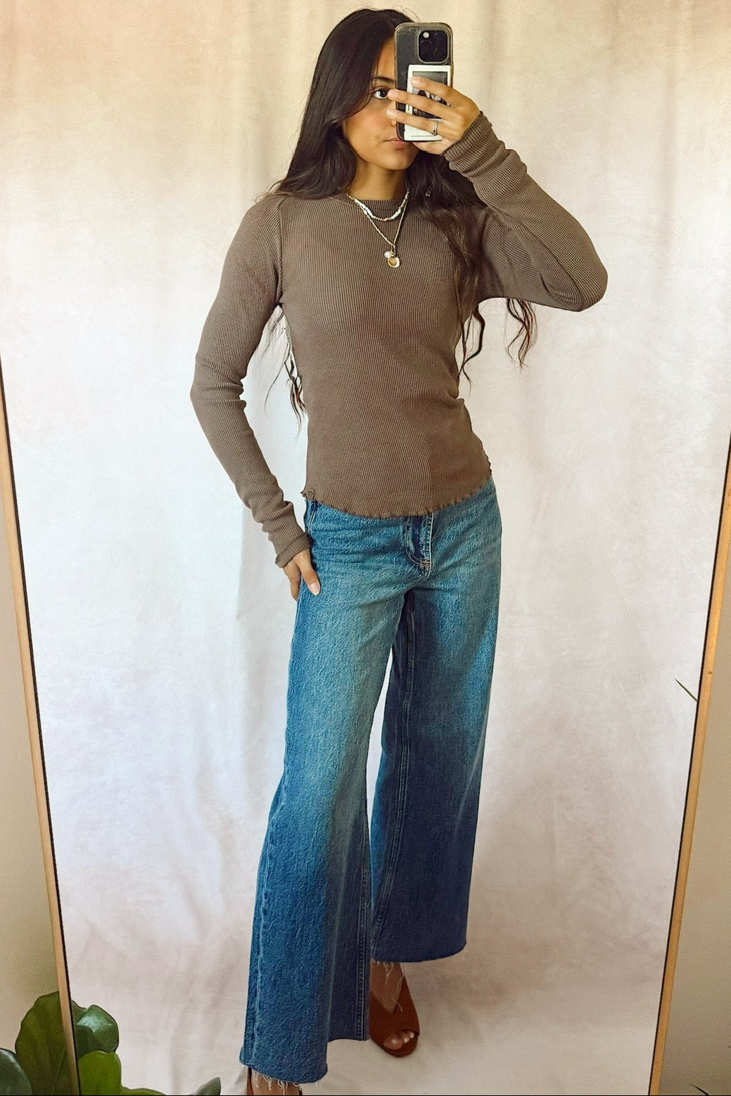 free people we the free easy does it long sleeve waffle knit tee espresso brown with pistola denim jeans 
