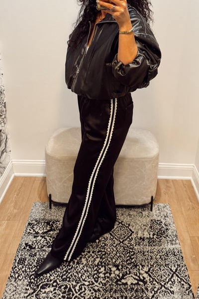 maxwell james stanton satin track pant pants lace side stripe fun cute party casual daytime nighttime dinner date 