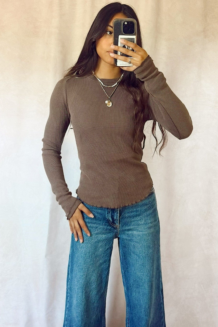 free people we the free easy does it long sleeve waffle knit tee espresso brown with pistola denim jeans 