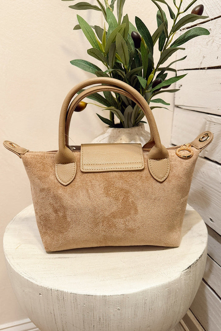 britney taupe faux suede cross body bag