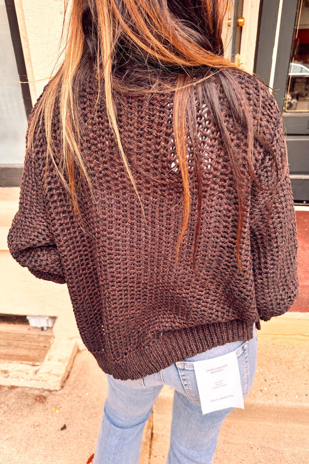 wooden ships aliana marled cardi with jeans and white undershirt