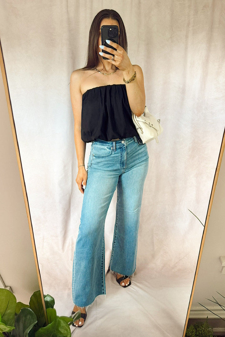 daze denim far out high rise wide leg jeans with cream color crop top and loafers