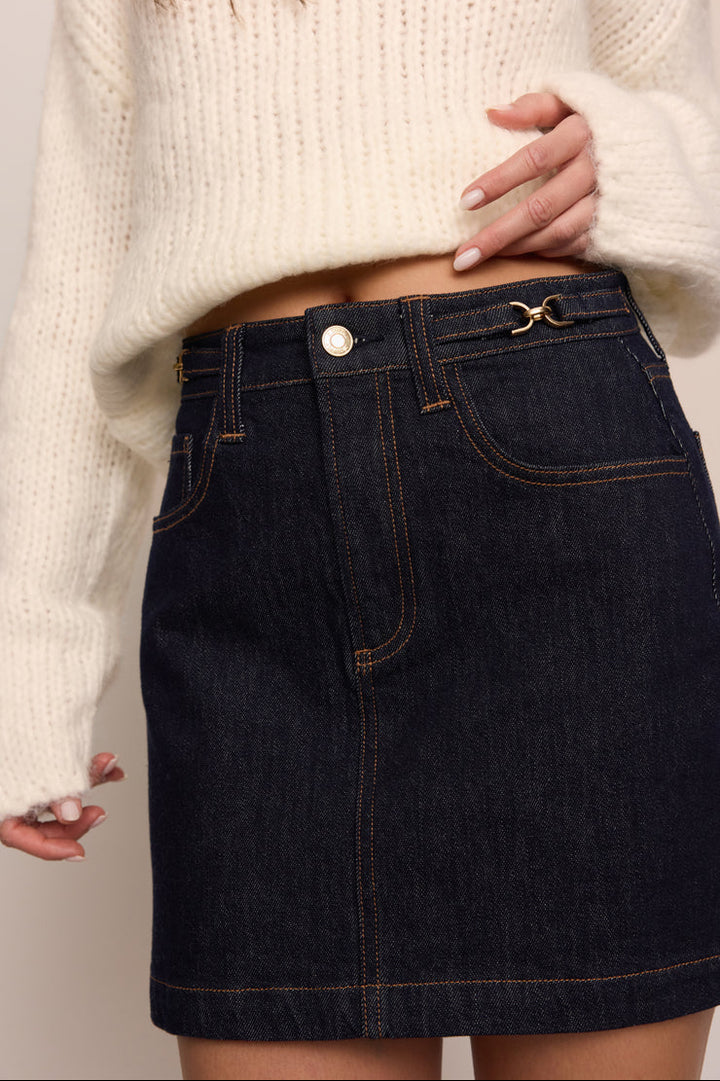 z Supply socialite denim jean mini skirt dark indigo rinse wash with a white ribbed knit sweater 