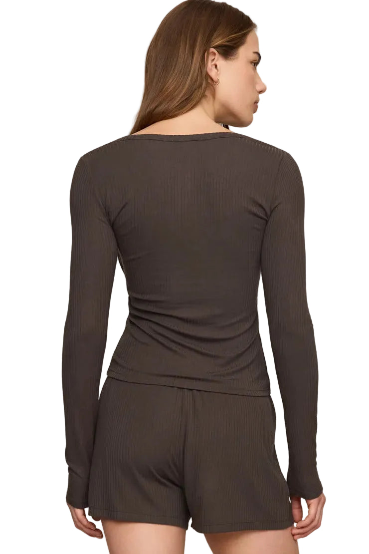 z supply just right ribbed long sleeve henley top in cocoa bean dark brown