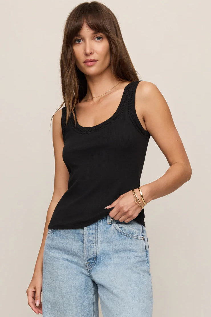 z supply Larkin whipstitch ribbed tank top with light wash denim jeans tucked in