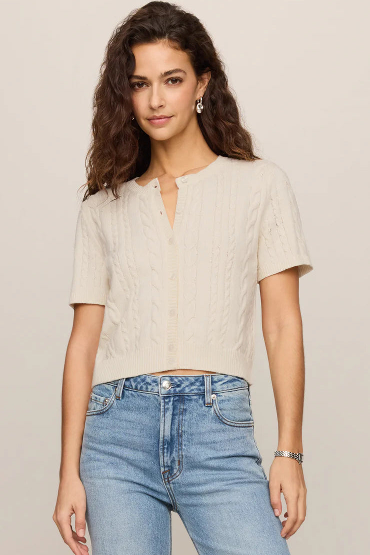 z Supply short sleeve cable knit cardigan with light wash jeans and a black belt cloud off white ivory cream knit