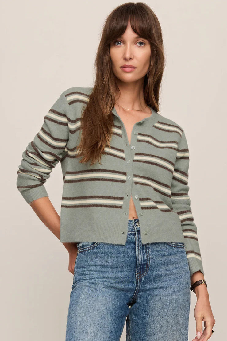 z Supply medina long sleeve light sage mint button down cardigan with brown and white stripes
