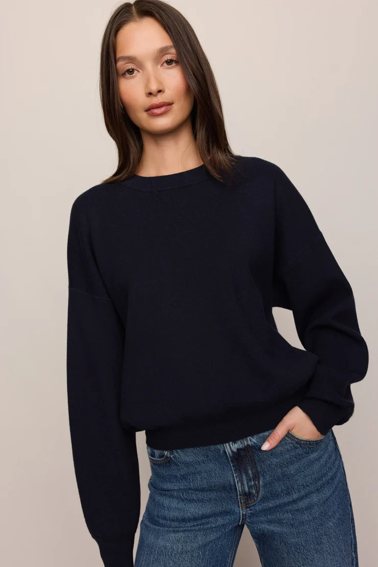 z Supply take it easy long sleeve crew neck relaxed fit sweater in nightfall Navy blue with medium dark wash denim