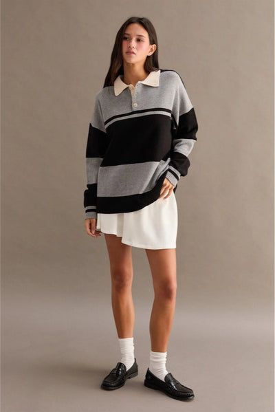 maxwell james rubgy black grey collar collared stripe sweater casual fall stanton