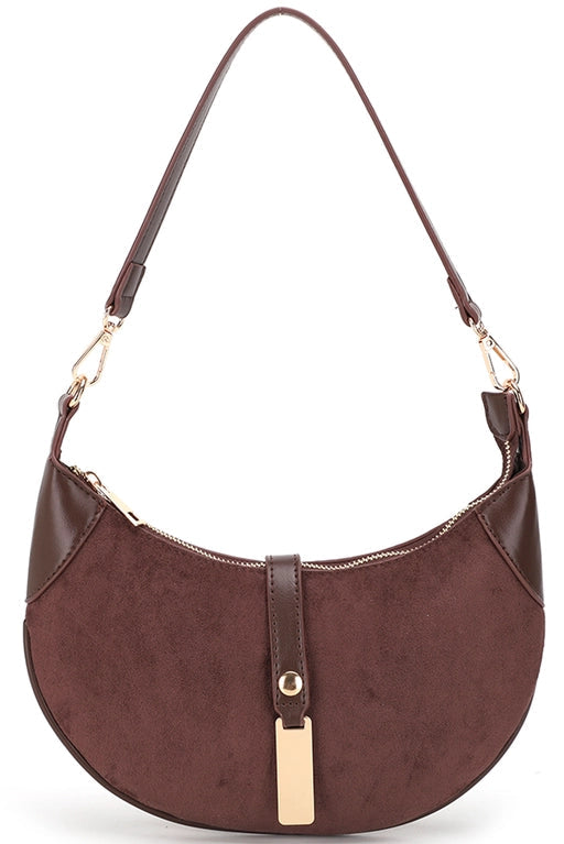 maxwell james crescent-shaped shoulder bag with a suede-like body, smooth  vegan leather trim, and a matching  shoulder strap