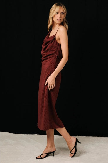Maxwell James Stanton polka dot asymmetrical cowl neck midi dress wedding guest event occasion fancy date night going out