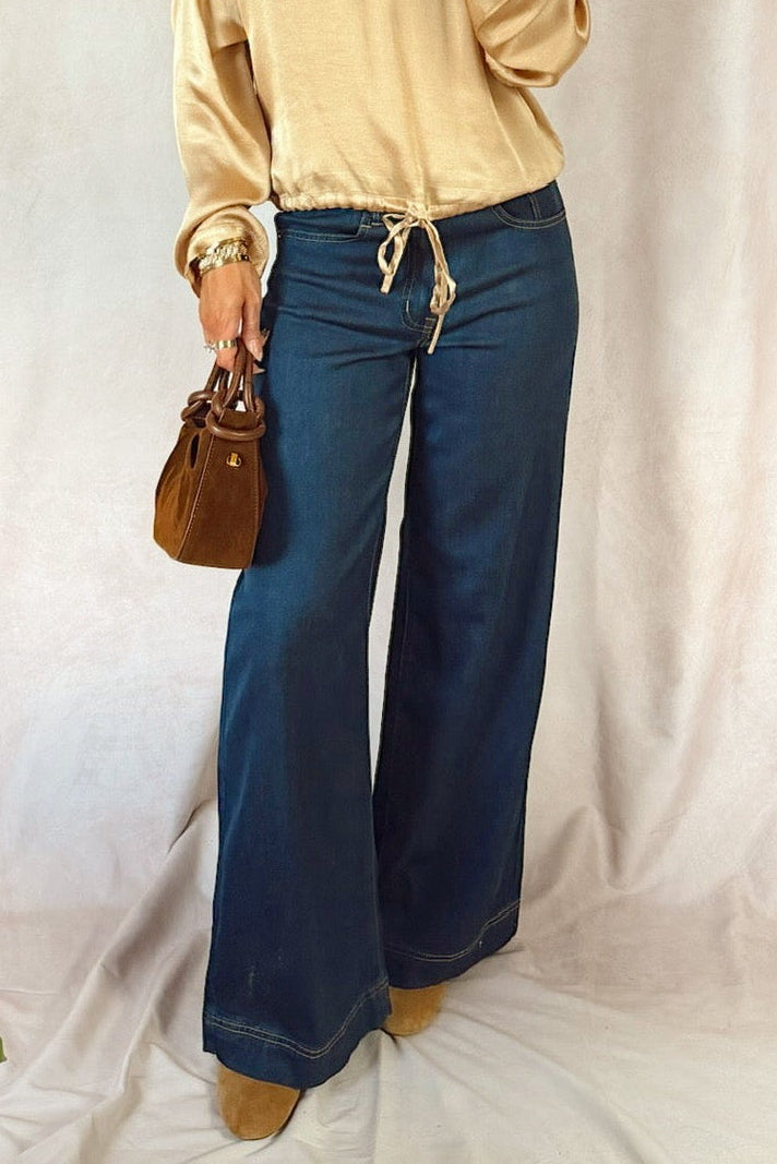 bevy flog Jodi wide leg dark denim jeans with velvet heart sadona blouse top gold shimmer and a faux suede brown mini bag