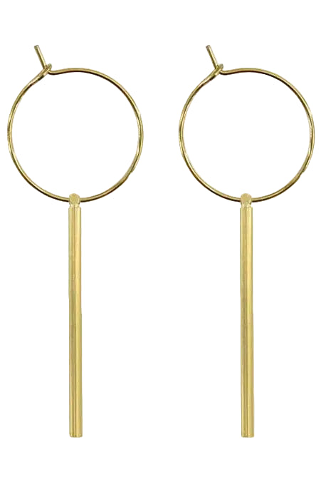 Solid brass rods dangle on 18k gold plated stainless steel hoops. 2.1 inches, nickel free.